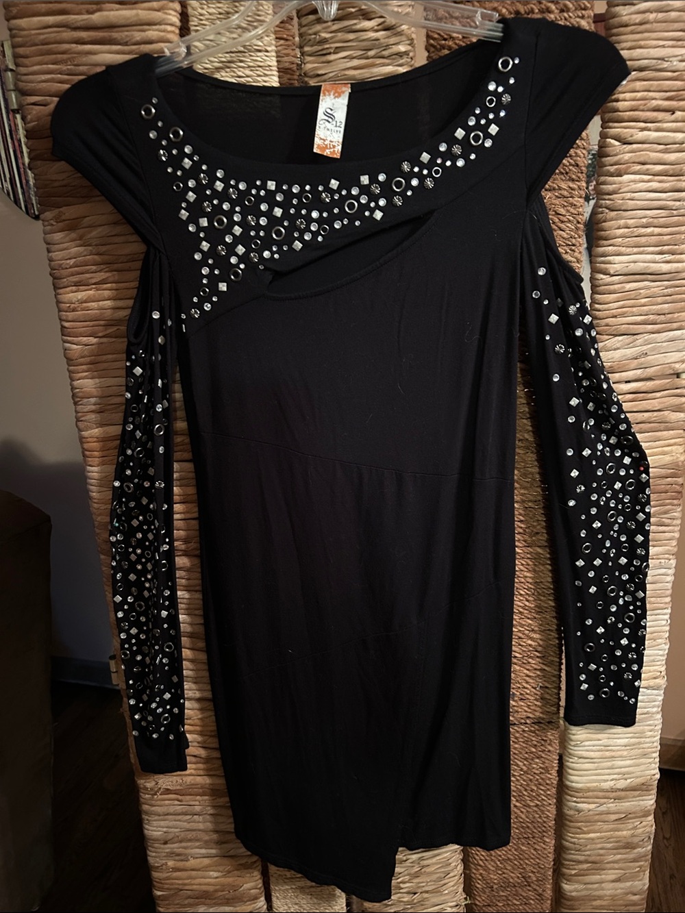 Black Silver-Embellished Cold-Shoulder Evening Dress